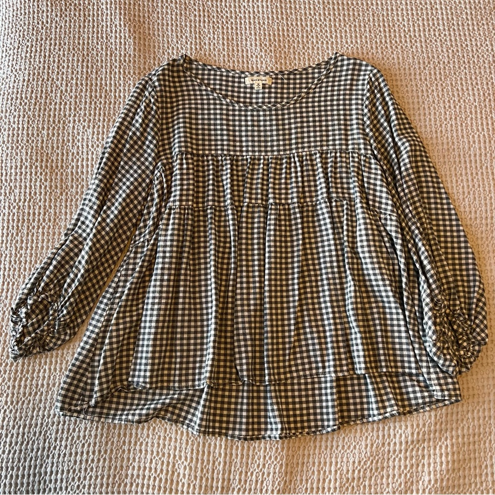 Max Studio Checked 3/4 Sleeve Babydoll Top